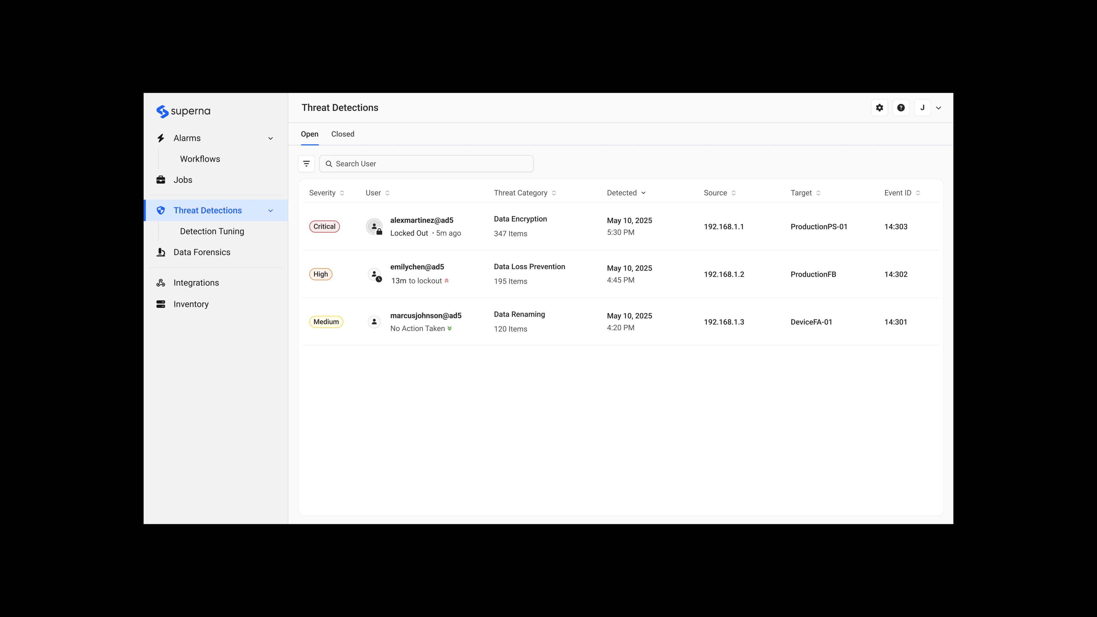 Superna threat detections page